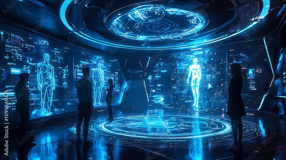 Poster innovative and immersive student workspace featuring cutting edge virtual reality and holographic di