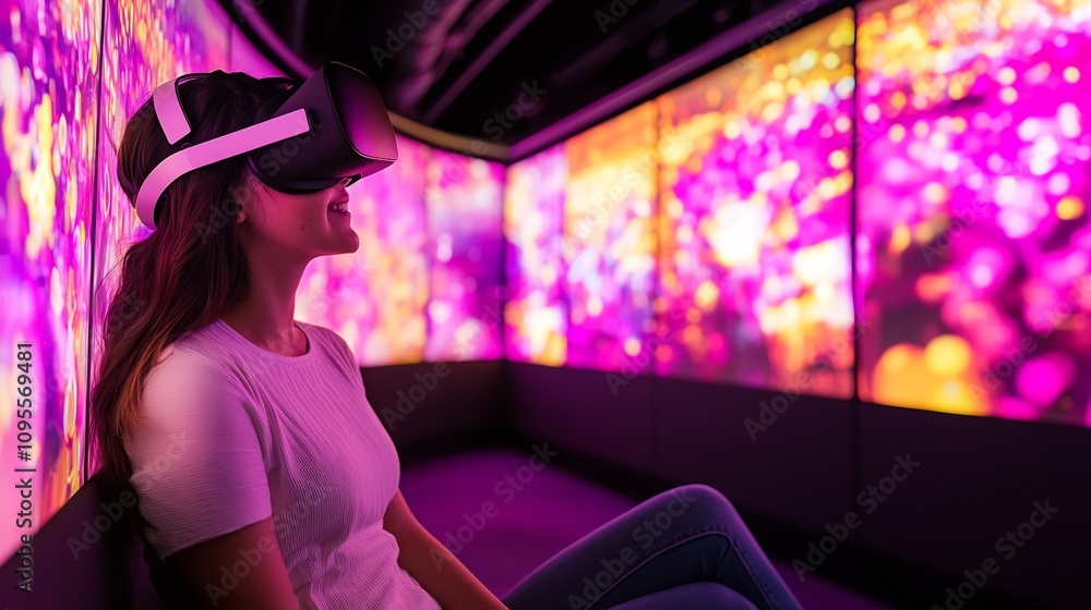 Poster innovative virtual study pod design with vr headset user amidst dynamic digital visuals and abstract
