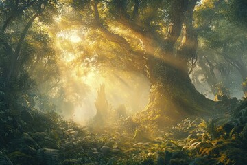 A majestic tree with sprawling roots stands in a lush forest, illuminated by golden sunlight streaming through the canopy, creating a serene and magical atmosphere.