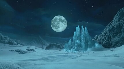 Naklejka premium A serene winter landscape under a bright full moon, featuring icy formations and snow.