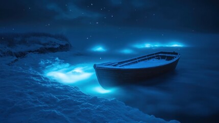 Fototapeta premium A serene night scene featuring a boat in icy waters illuminated by a soft blue glow.