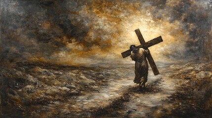 Jesus Christ carrying the heavy wooden cross on a rugged treacherous path against a backdrop of a dramatic ominous sky filled with dark clouds and turbulent weather