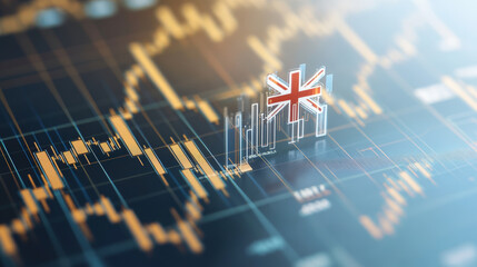 A digital representation of stock market trends with a British flag icon, indicating potential financial data related to the UK economy.