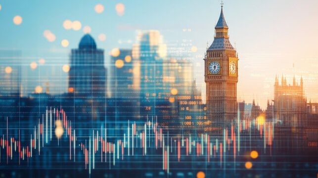 Big Ben against a city backdrop with digital financial graphs overlayed, symbolizing London's role as a global financial hub. - Powered by Adobe