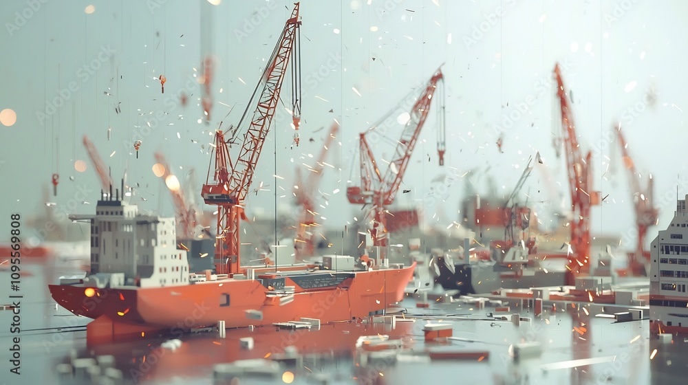 Poster layered and textured paper cut style image depicting a busy shipbuilding yard with rows of tall cran