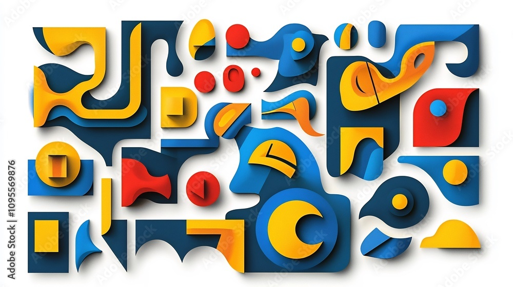 Poster layered geometric paper cut style abstract artwork with vibrant colors and dimensional shadows creat
