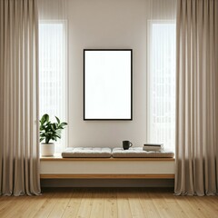 Minimalist room with a large window, sheer curtains, and a blank black-framed picture on the wall. A cushioned window seat below with a plant, books, and a cup.