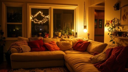 Sectional Sofa in a Cozy Living Room with Warm Lighting and Decor