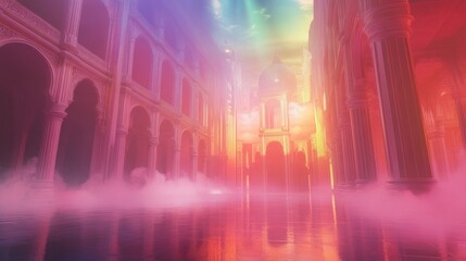 Fototapeta premium A mystical architectural scene with vibrant colors and ethereal fog.