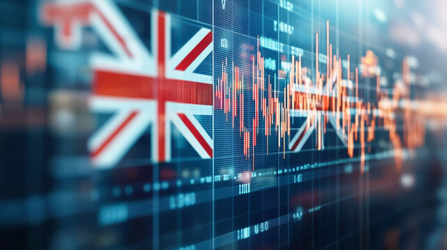 The image shows the British flag overlaid on a financial graph, symbolizing the economic activity or stock market trends related to the UK.