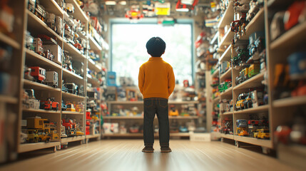 A child in a yellow sweater stands mesmerized in a toy store aisle, surrounded by colorful shelves filled with various toy trucks and cars.