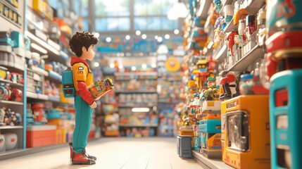 Obraz premium A child stands in a toy store aisle, holding a box while surrounded by colorful toys and robots on the shelves.