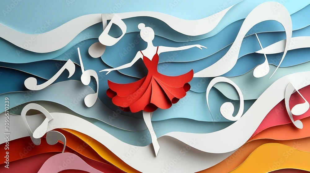 Poster layered paper cut style dancer surrounded by swirling musical notes and vibrant abstract shapes repr