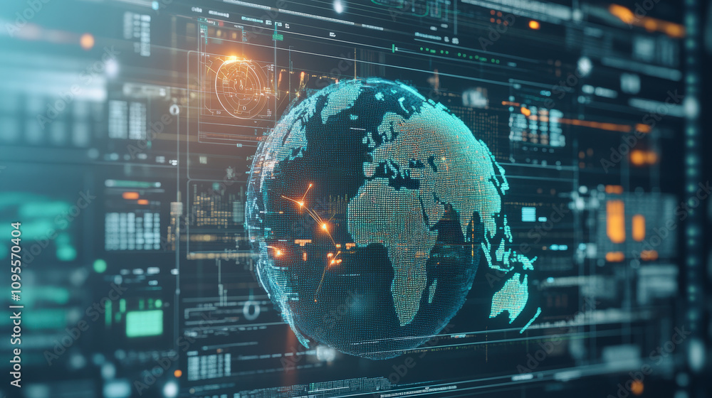 Poster a digital representation of earth surrounded by futuristic data interfaces, highlighting global conn