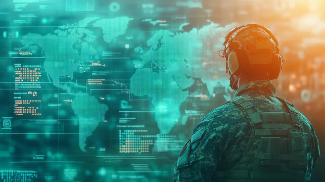 A soldier in military gear analyzes a digital map with data projections, symbolizing strategic technology integration and global operations in modern warfare scenarios.