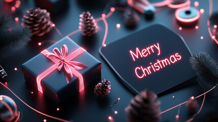 A handwritten words "Merry Christmas" surrounded by fir branches and Christmas decorations on Christmas card