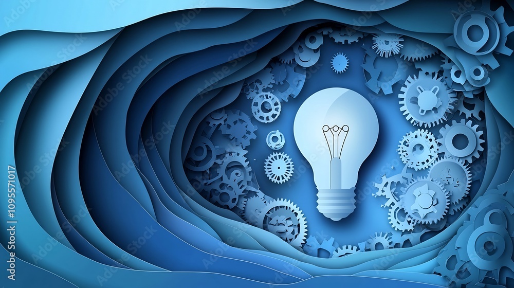 Aufkleber layered paper cut style of a light bulb with intricate gears and cogs representing the concept of in