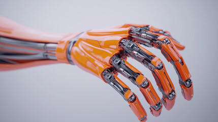 Surgery Correctives Concept. A close-up of a robotic hand featuring intricate details and a sleek, orange design, showcasing advanced technology and engineering.