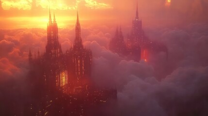 Fototapeta premium A mystical cityscape emerges from clouds during a vibrant sunset.