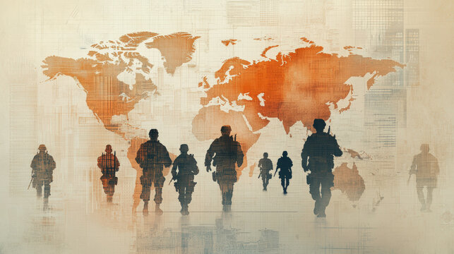 Silhouetted soldiers walking in front of a world map, symbolizing global military presence and international defense strategies. Earth tones convey a strategic atmosphere.
