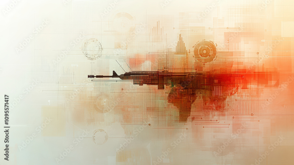Poster abstract digital art depicting a gun with geometric and digital elements, blending warm colors and f