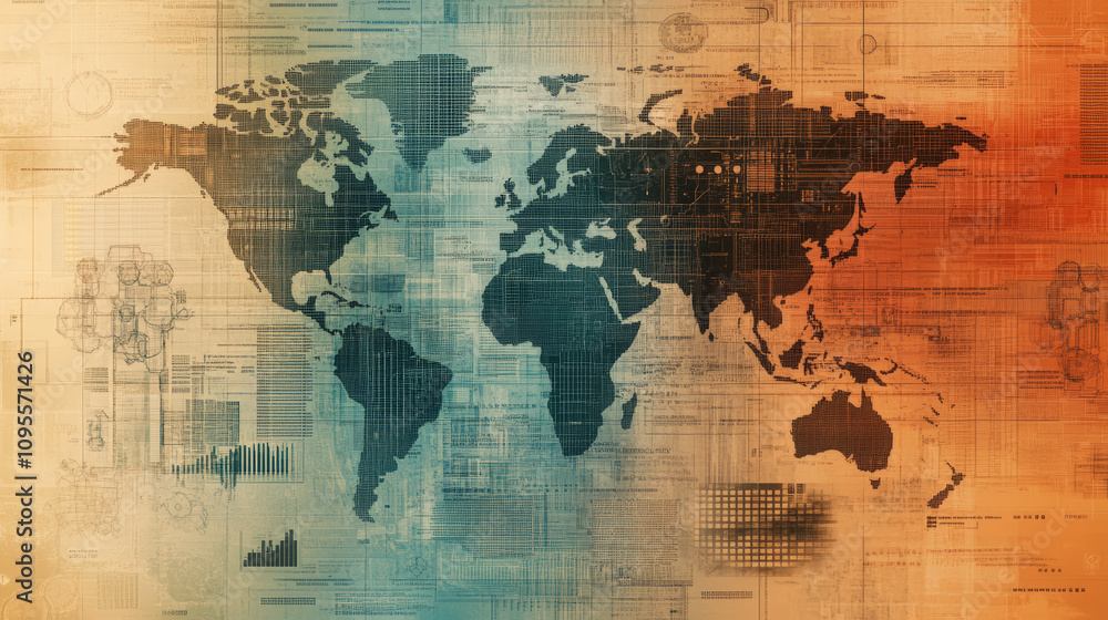 Aufkleber a digital world map overlay with intricate technological designs and patterns, blending blue and ora