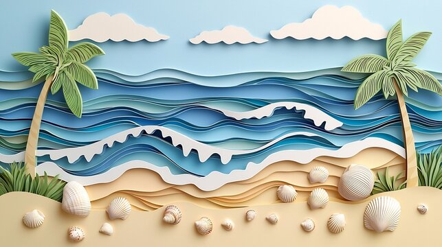 Layered paper cut style tropical beach scene with waves palm trees and seashells on the sand  Digital art of a scenic relaxing beach landscape background