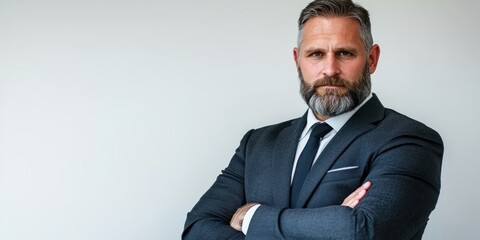 Business professional portrait office setting corporate image neutral background focused expression leadership concept