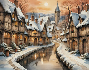 vintage watercolor style painting of a snow covered rural winter scene with a village surrounded by hills and river in a winter sunrise
