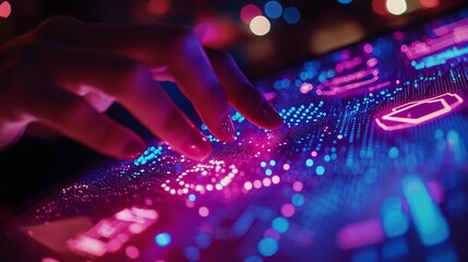 Macro Shot of Hands Using Digital Tablet with Glowing Financial Graphs and Blockchain Icons   Futuristic Technology Finance and Data Analytics Concept