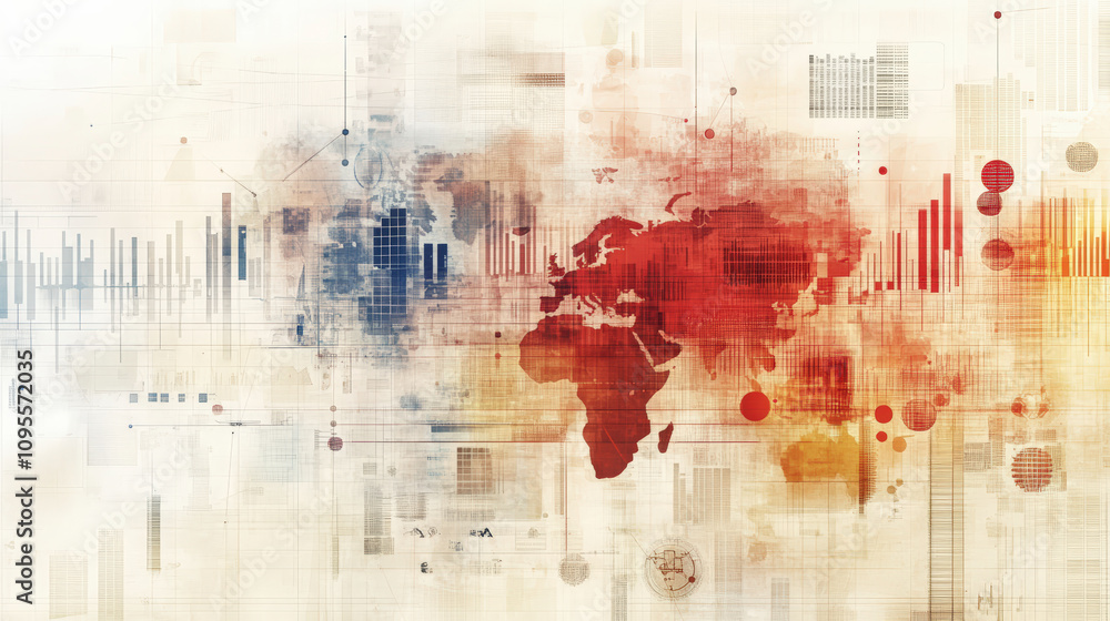 Poster abstract world map with data visualizations, blending red and blue hues, showcasing global connectio