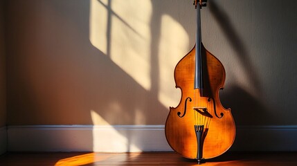 Majestic double bass standing tall in a dimly lit corner its rich wood texture and size accentuated by the warm lighting and soft shadows that create a cozy atmospheric ambiance