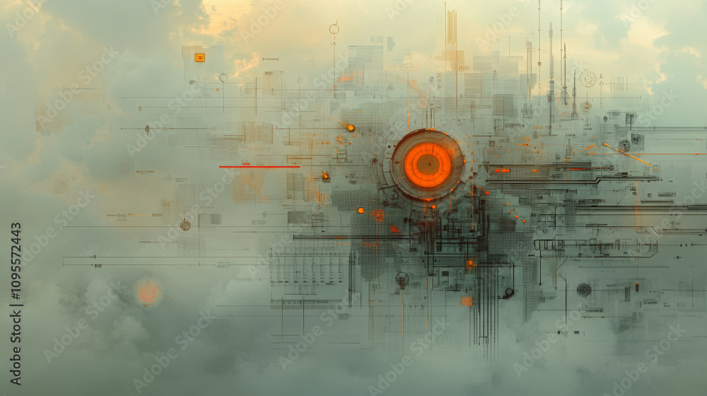 Aufkleber abstract artwork featuring a futuristic digital network design, with glowing orange elements and int