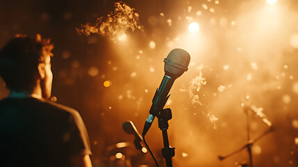 Obraz premium Microphone falling into the frame during a live interview 