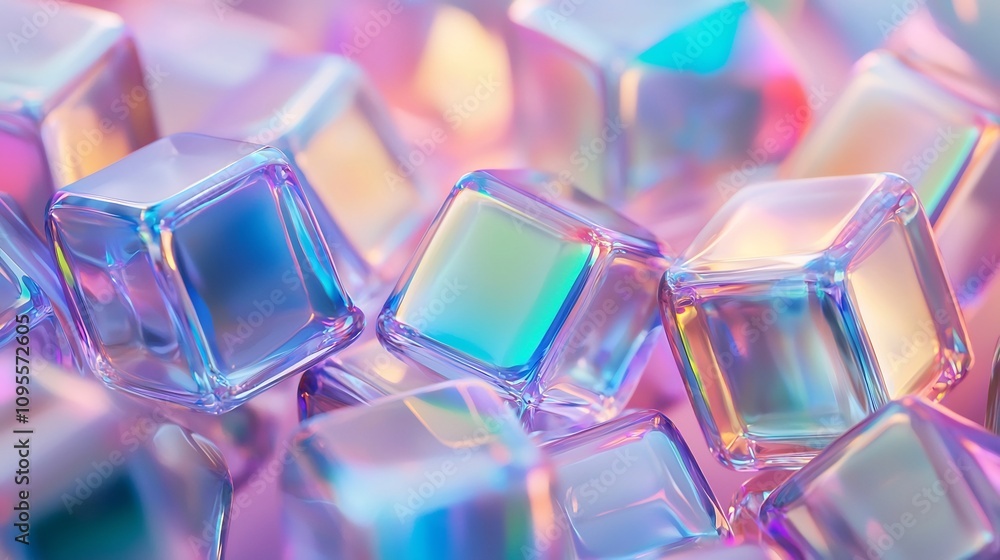 Poster mesmerizing iridescent pentagons shifting through vibrant colors on a surreal white background creat
