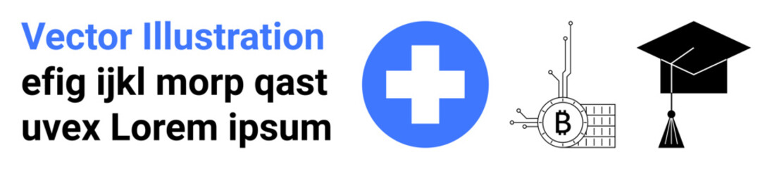 Fototapeta premium Blue medical plus symbol, black Bitcoin circuit, and black graduation cap. Ideal for healthcare, cryptocurrency, education, technology, finance, academic, and digital illustration themes. Landing