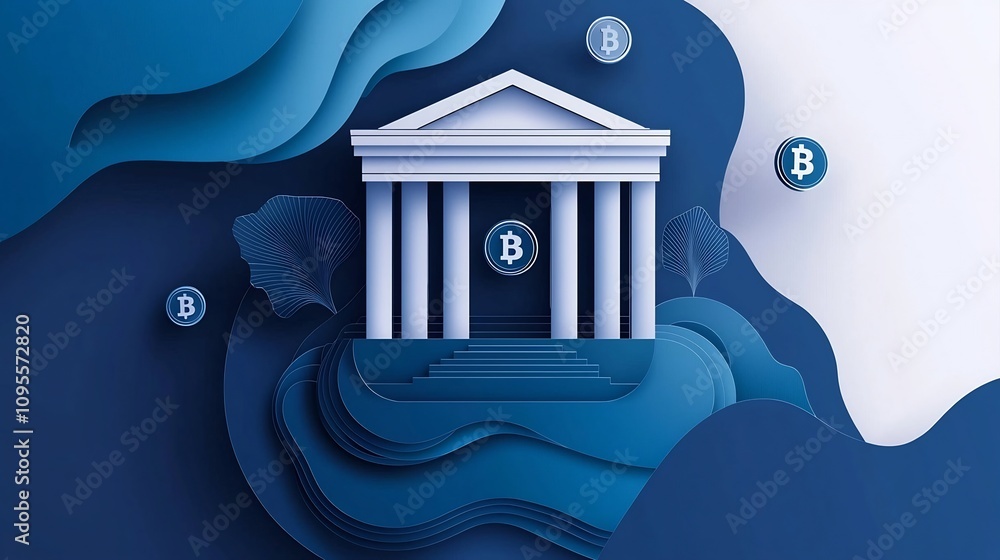 Poster minimalist paper cut design of a futuristic bank building with blockchain symbols layered in the abs