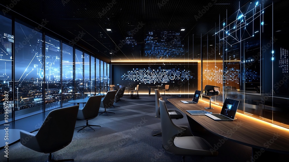 Poster modern fintech office workspace featuring interconnected blockchain technology visualizations displa
