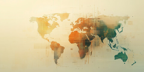 An artistic, abstract world map with warm, blended colors highlighting continents. The design features a blend of earthy tones and geometric patterns.