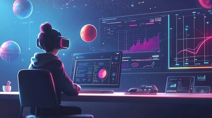 Modern student engaged with virtual reality enhanced educational tools and futuristic digital interfaces in a glowing high tech workspace setting designed for advanced learning research