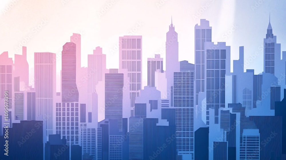 Poster of a busy city skyline with skyscrapers and office buildings in a layered paper cut style design the