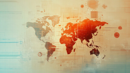 A digital world map with an orange-red overlay, featuring abstract technological and circuit elements, symbolizing global connectivity and data exchange.