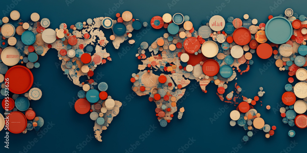 Aufkleber a colorful, abstract world map made from overlapping, variously sized circles, creating a vibrant an