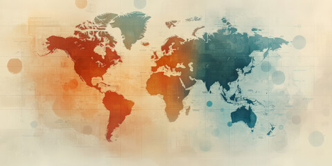 Naklejka premium A colorful world map with warm and cool tones blending together, set on a soft, textured background with abstract circular patterns.