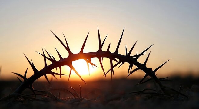 Sunset with Thorny Crown Silhouette Symbolizing Jesus Christ's Sacrifice and Suffering during Lent - Powered by Adobe