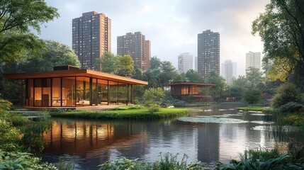 Obraz premium Modern Glass House by the Pond