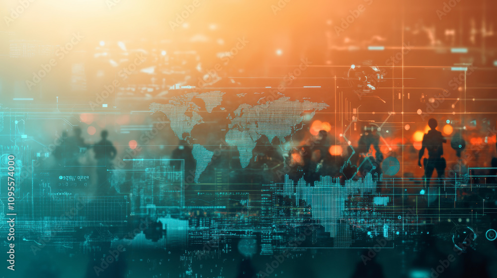 Aufkleber a digital abstract representation featuring a world map overlay, silhouettes of people, and various 