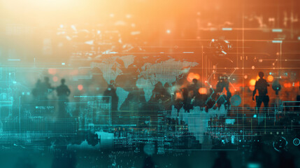 A digital abstract representation featuring a world map overlay, silhouettes of people, and various data graphics with a warm color palette.