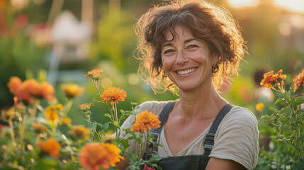middle aged woman is joyfully gardening among vibrant orange flowers, enjoying soft morning light. Her smile reflects happiness and connection with nature