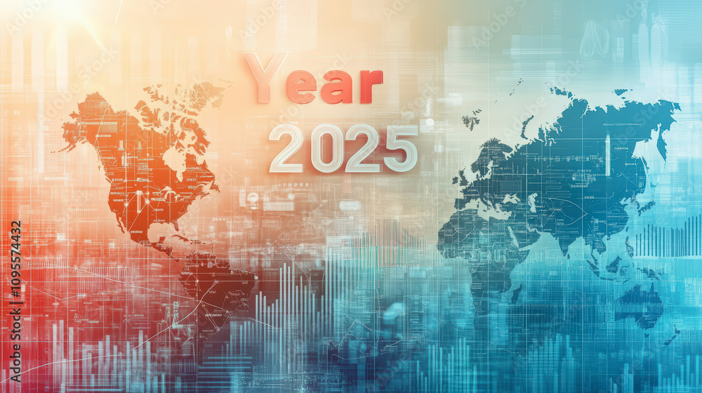 Poster futuristic digital world map with charts, highlighting the year 2025, symbolizing global technologic
